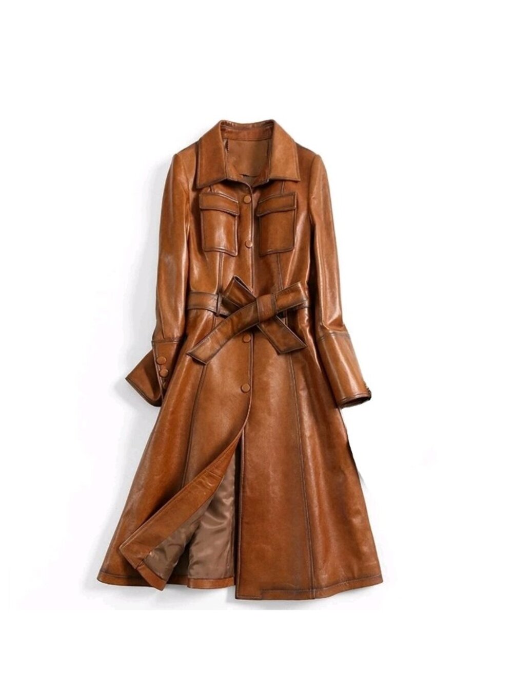 NWT REAL LEATHER Italian Style Overcoat with Waist Sash Brown Size M